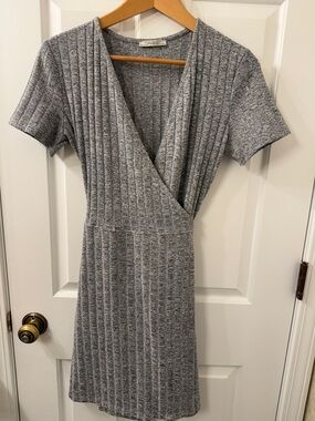 Zara Heather Gray Ribbed Wrap-Front Mini Dress